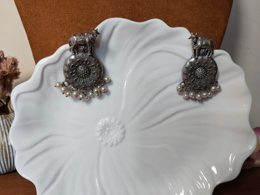 Oxidised Silver & Pearl Beads Cow Earrings