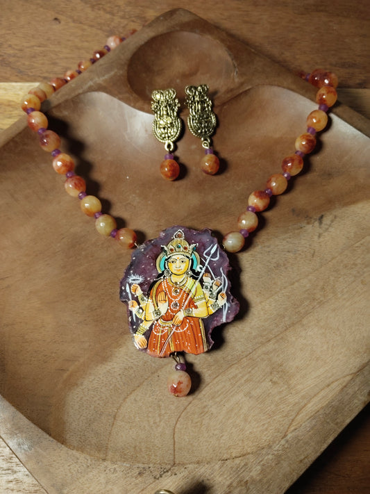 Goddess Shakthi Handpainted Agate Pendant with Red Yellow Purple Onyx Beads Necklace Set