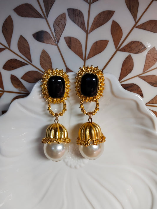 18K Gold Plated Black & Pearl Bead Drop Earrings