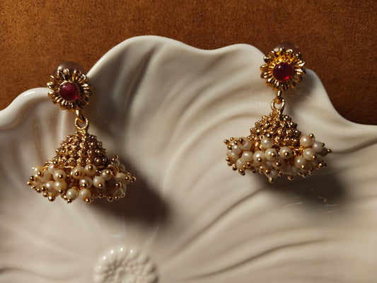 Pink Bead & Pearl Beads Gold Tone Jhumkas