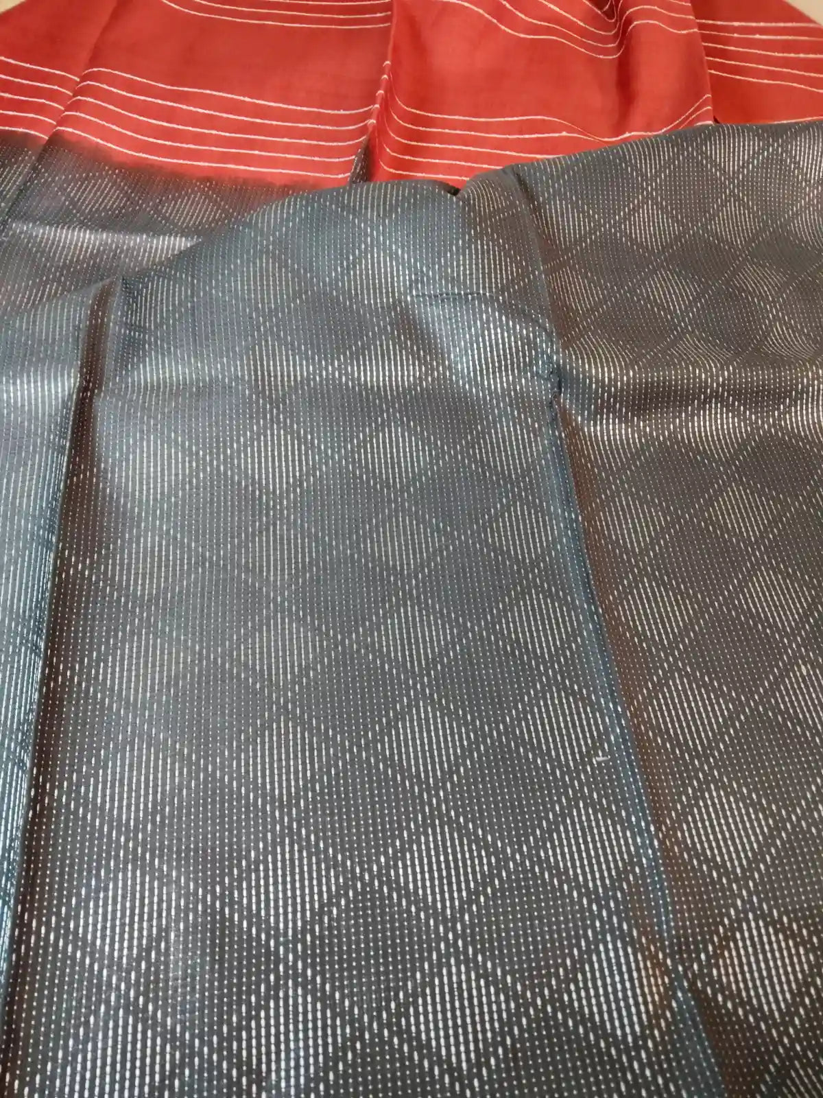 Gray & Red Cotton Viscose Saree