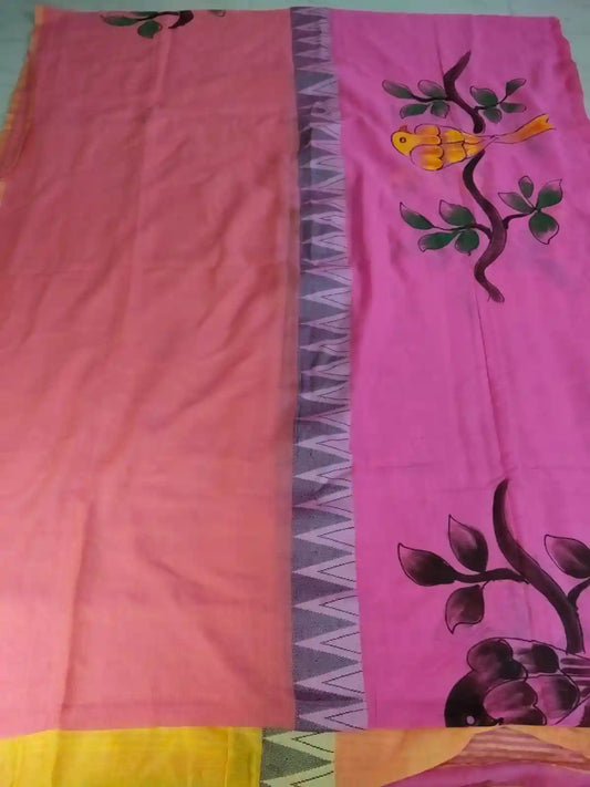 Pink & Yellow Hand Painted Cotton Saree