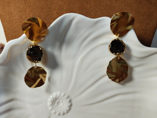 Black Raw Stone & Flattened Gold Earrings