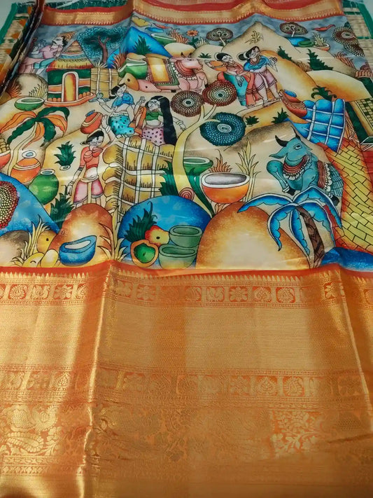 Yellow Banarasi Silk Digital Kalamkari Print Saree