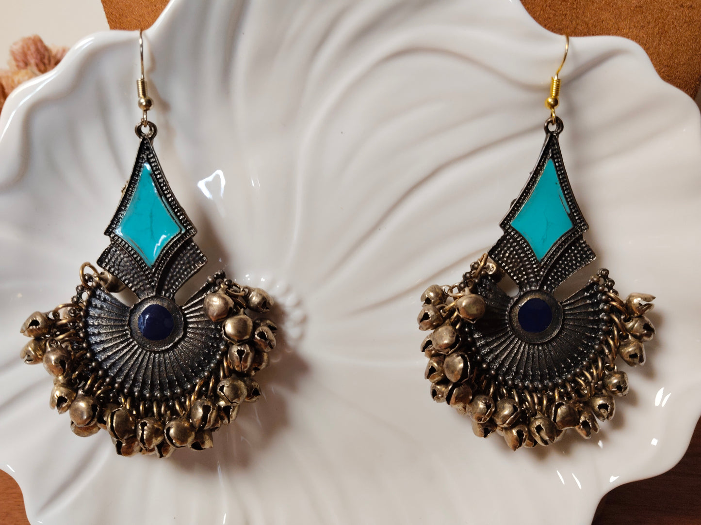 Light & Dark Blue Oxidised Gold Tone Ghungroo Chandbali Earrings