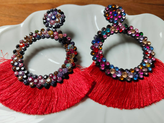 Red Studded & Tasseled Thread Earrings