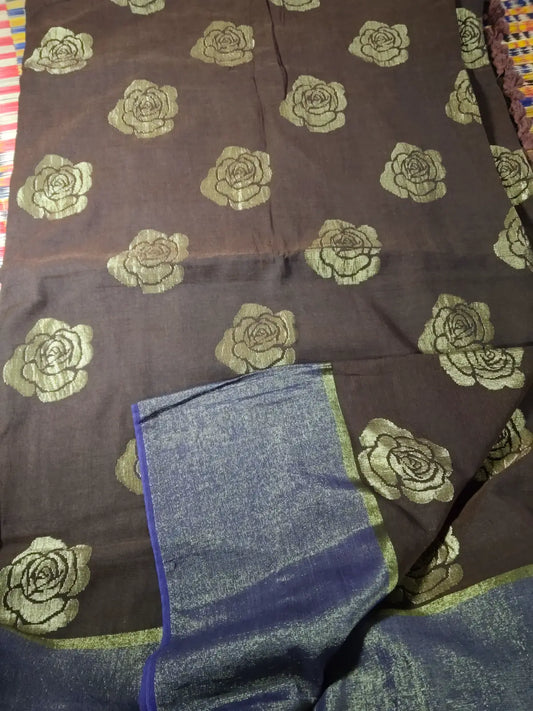 Brown & Purple Cotton Acrylic Saree with Floral Zari