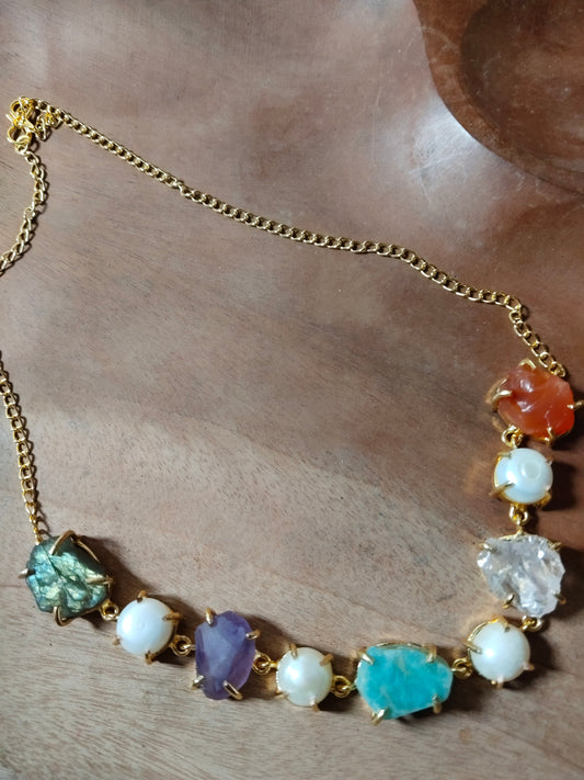 Pearl & Raw Stone Gold Polished Choker