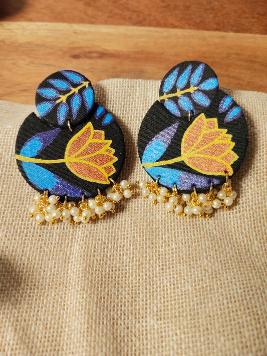 Blue & Orange Fabric Handpainted Floral Earrings