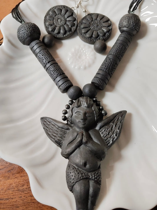 Black Terracota Handcrafted Angel Necklace Set