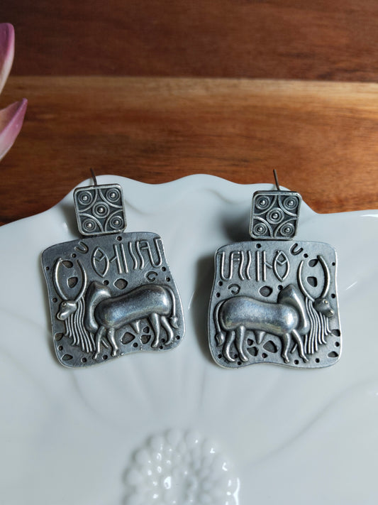 Oxidised Silver Tribal Bull Earrings