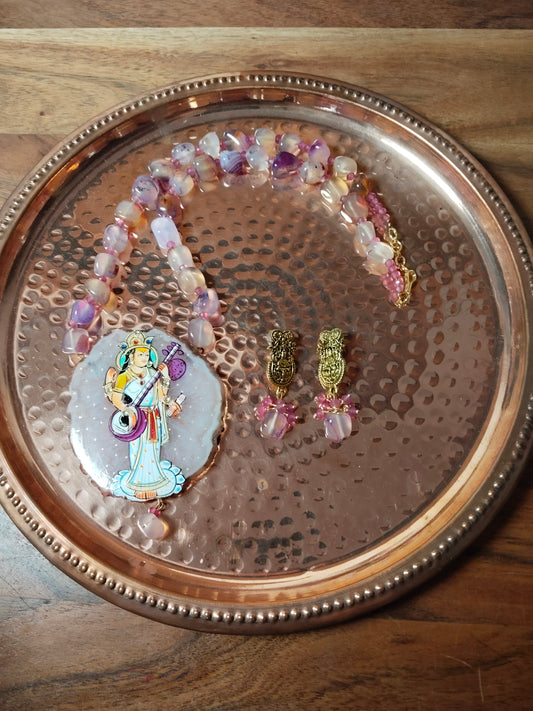 Goddess Saraswathi Handpainted Agate Pendant with Purple Onyx Beads Necklace Set