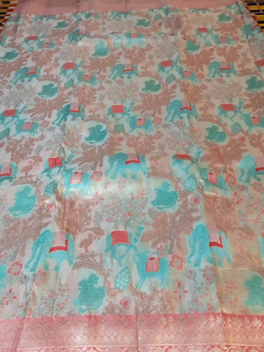 Peach Handwoven Semi Katan Silk Saree with Meena & Zari Design