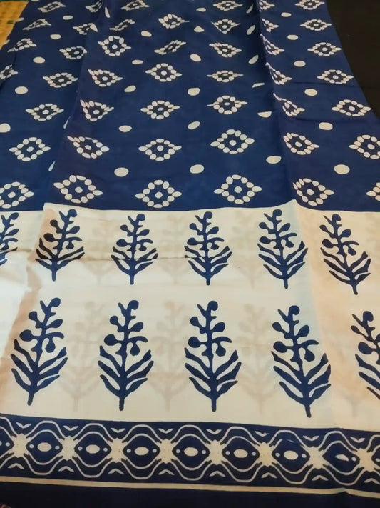 Blue Handloom Mul Cotton Ajrakh Print Saree