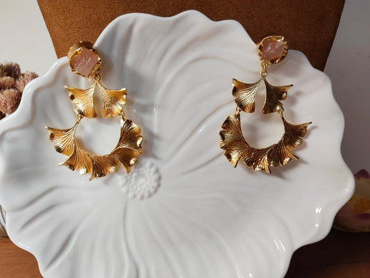 Light Pink Raw Stone & Gold Gingko Leaves Earrings