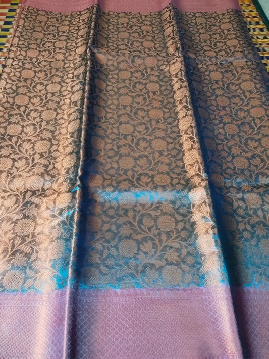 Blue & Pink Handwoven Tissue Saree with Zari Jaal Design