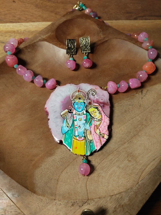 Lord Ram Sita Handpainted Agate Pendant with Pink & Green Onyx Beads Necklace Set