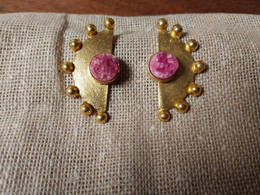 Dark Pink Druzy & Textured Gold Semicircle Studs
