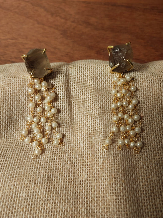 Smoky Quartz Pearl Tassel Raw Stone Earrings