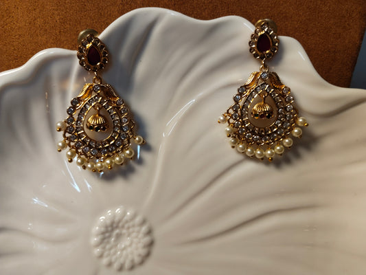 Red Bead & Artificial Diamond Studded Gold Tone Chandbali Earrings