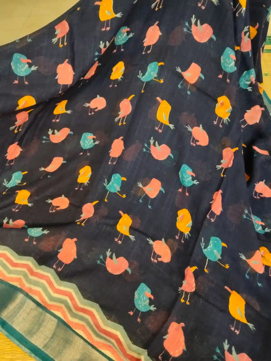 Navy & Light Blue Organic Linen Saree