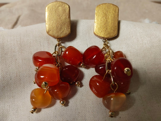 Orange Nugget Beads Gold Tone Statement Earrings