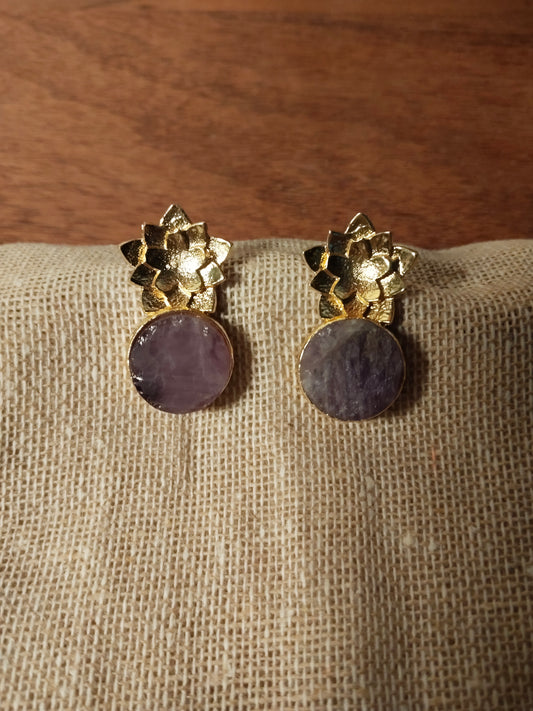 Light Amethyst Gold Flower Raw Stone Earrings
