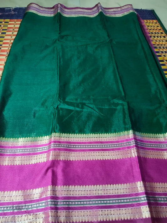 Deep Green & Pink Handwoven Semi Silk Saree