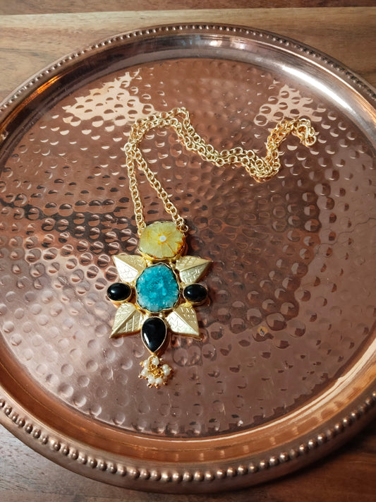 Blue & Yellow Agate Gold Tone Black Bead Necklace