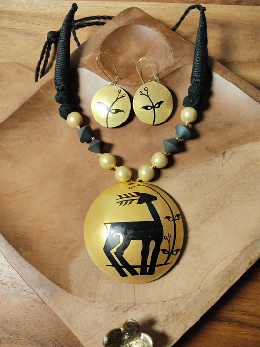 Gold & Black Terracota Handpainted Deer Necklace Set