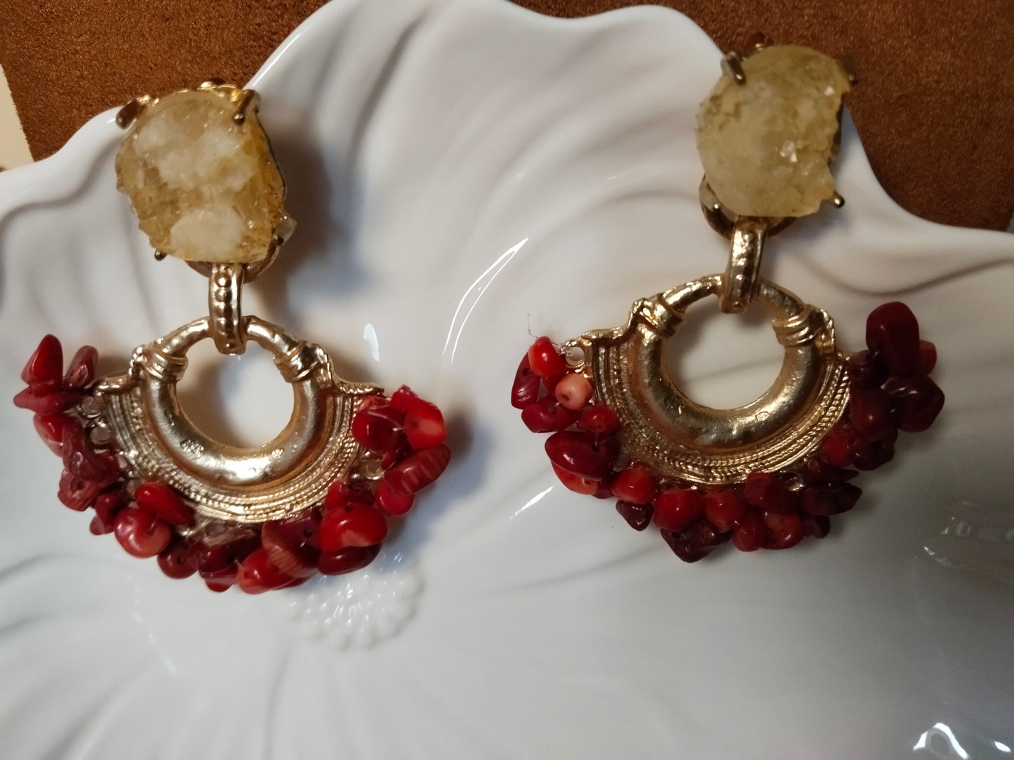 White Raw Stone & Red Beads Gold Earrings