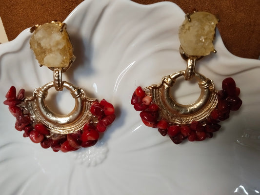 White Raw Stone & Red Beads Gold Earrings