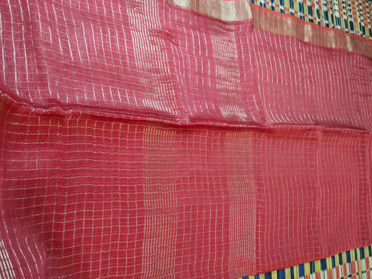 Deep Orange & Gold Handwoven Linen Silk Zari Saree