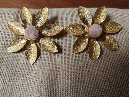 Light Pink Druzy Textured Gold Floral Studs