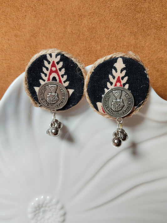 Black & Beige Fabric and Coin Handmade Earrings