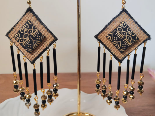 Black & Gold Fabric with Jute Boho Statement Earrings