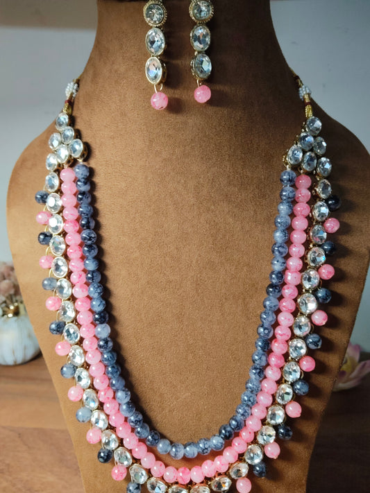 Ash & Pink Beaded Kundan Necklace Set