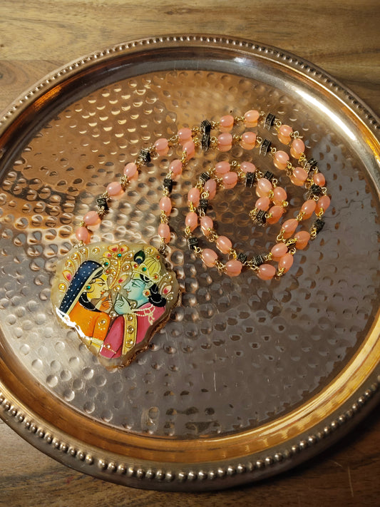 Lord Krishna Radha Handpainted Agate Pendant with Pink Beaded Chain