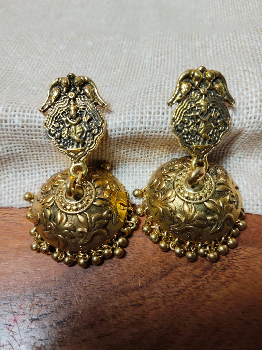 Gold Lord Krishna Antique Finish Jhumkas