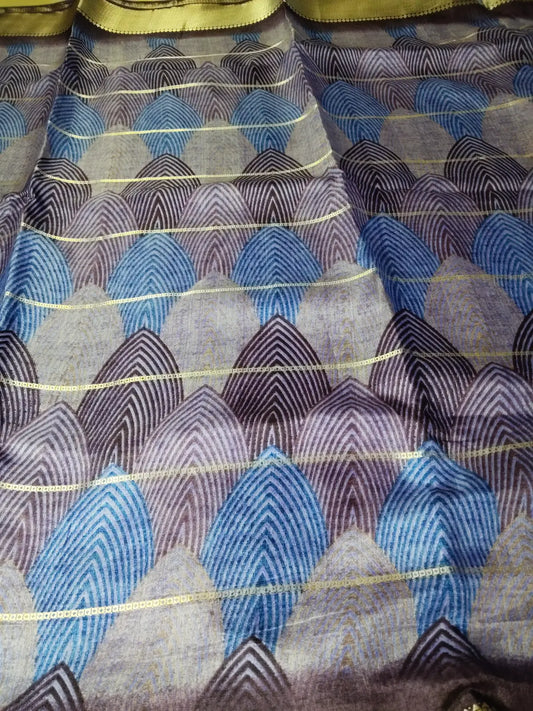 Purple Floral Print Saree with Zari Border