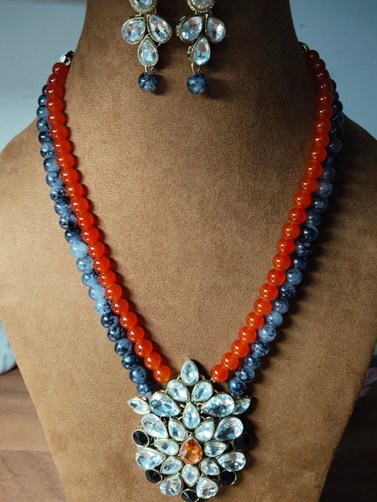 Orange & Gray Beaded Kundan Necklace Set