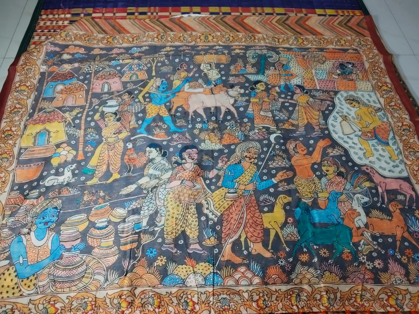 Pallu of Multi Color Linen Saree with Kalamkari Design