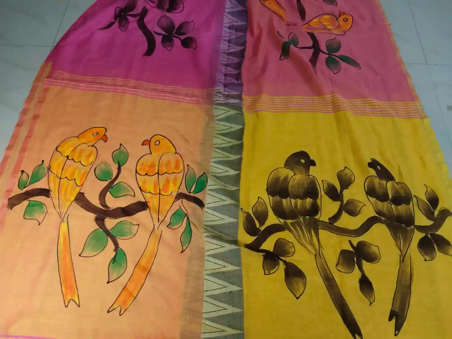 Pallu of Pink & Yellow Hand Painted Cotton Saree