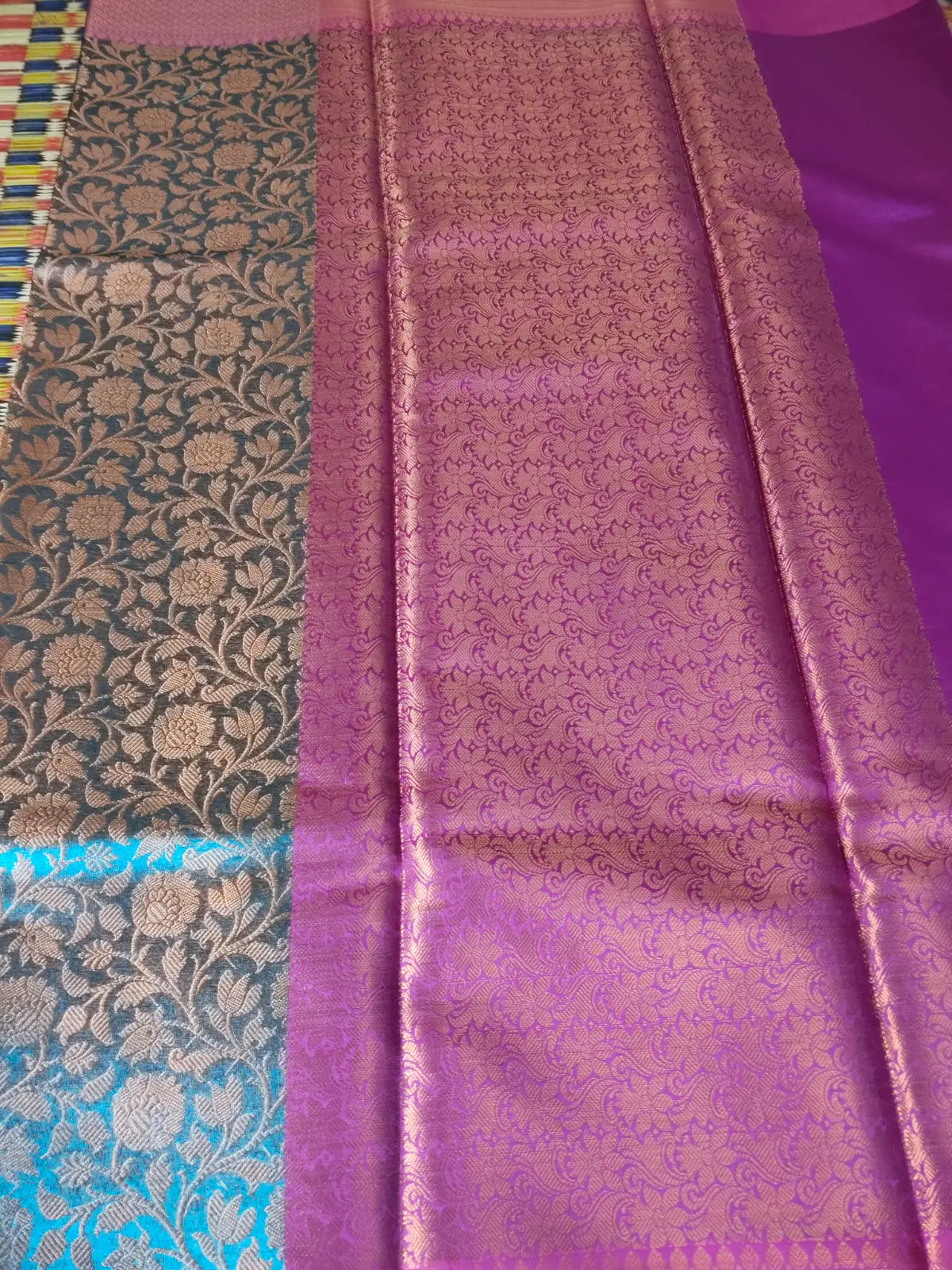 Pallu of Blue & Pink Handwoven Tissue Saree with Zari Jaal Design