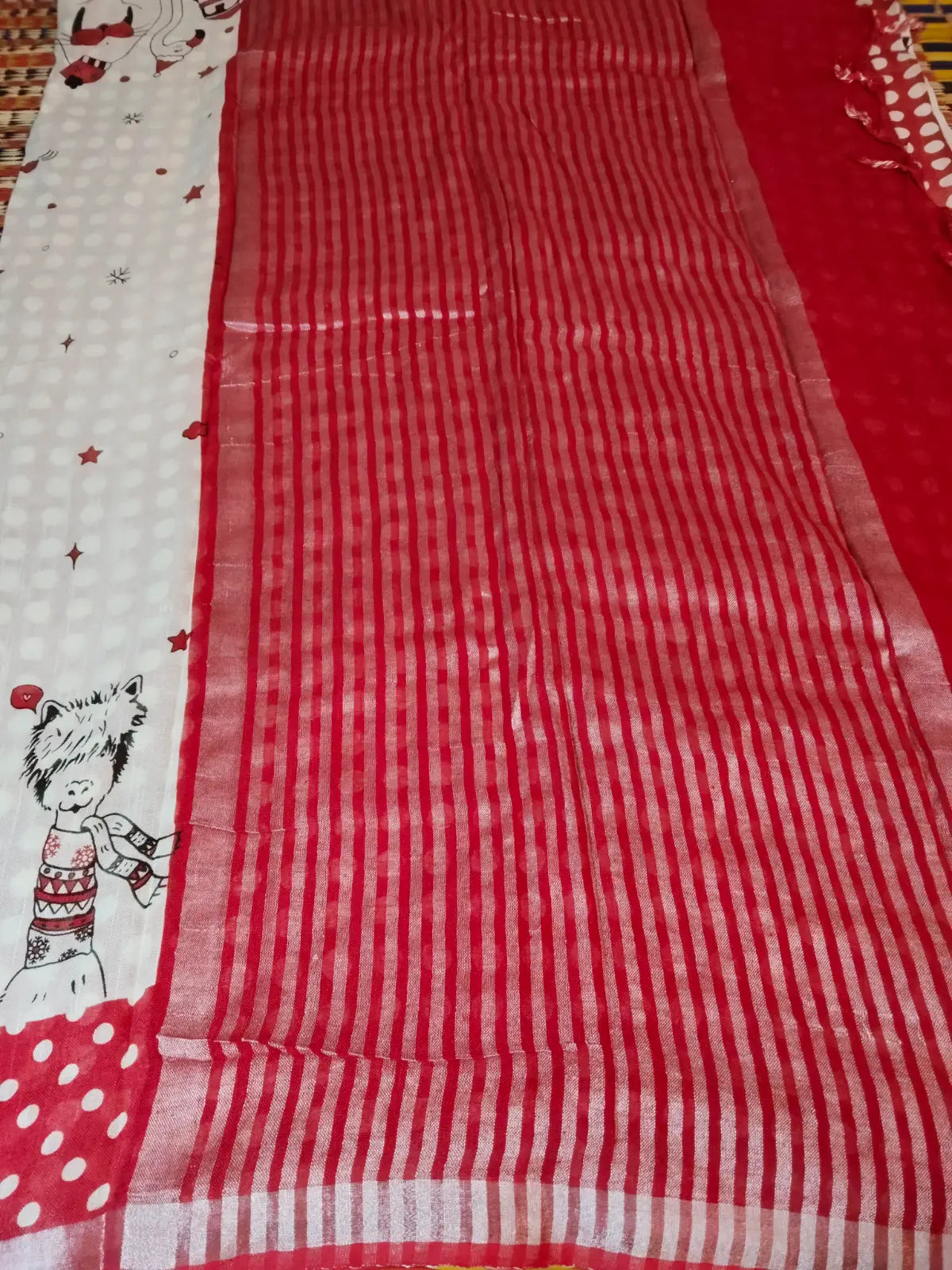 Pallu of Cream & Red Organic Linen Christmas Theme Saree