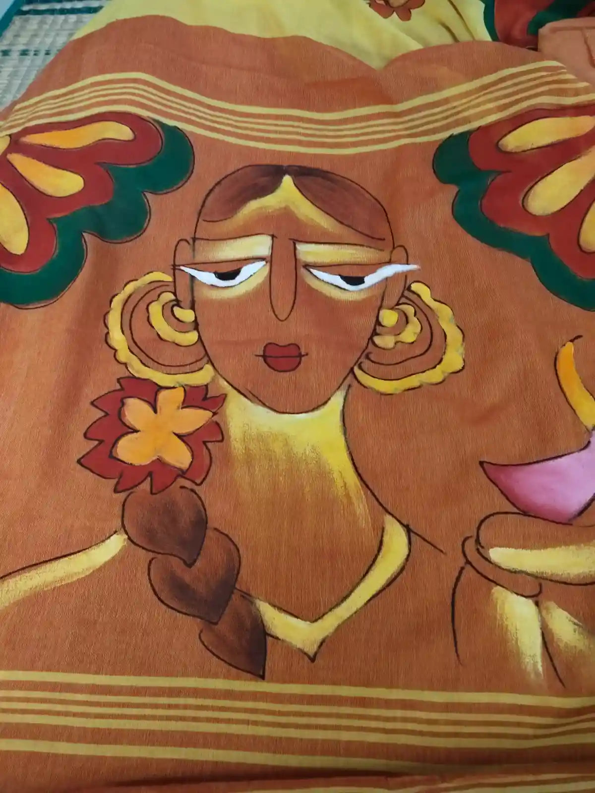 Pallu of Yellow Hand Painted Cotton Saree