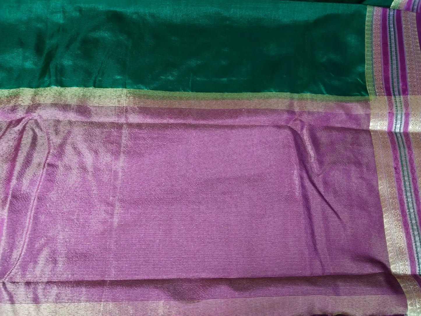 Pallu of Deep Green & Pink Handwoven Semi Silk Saree