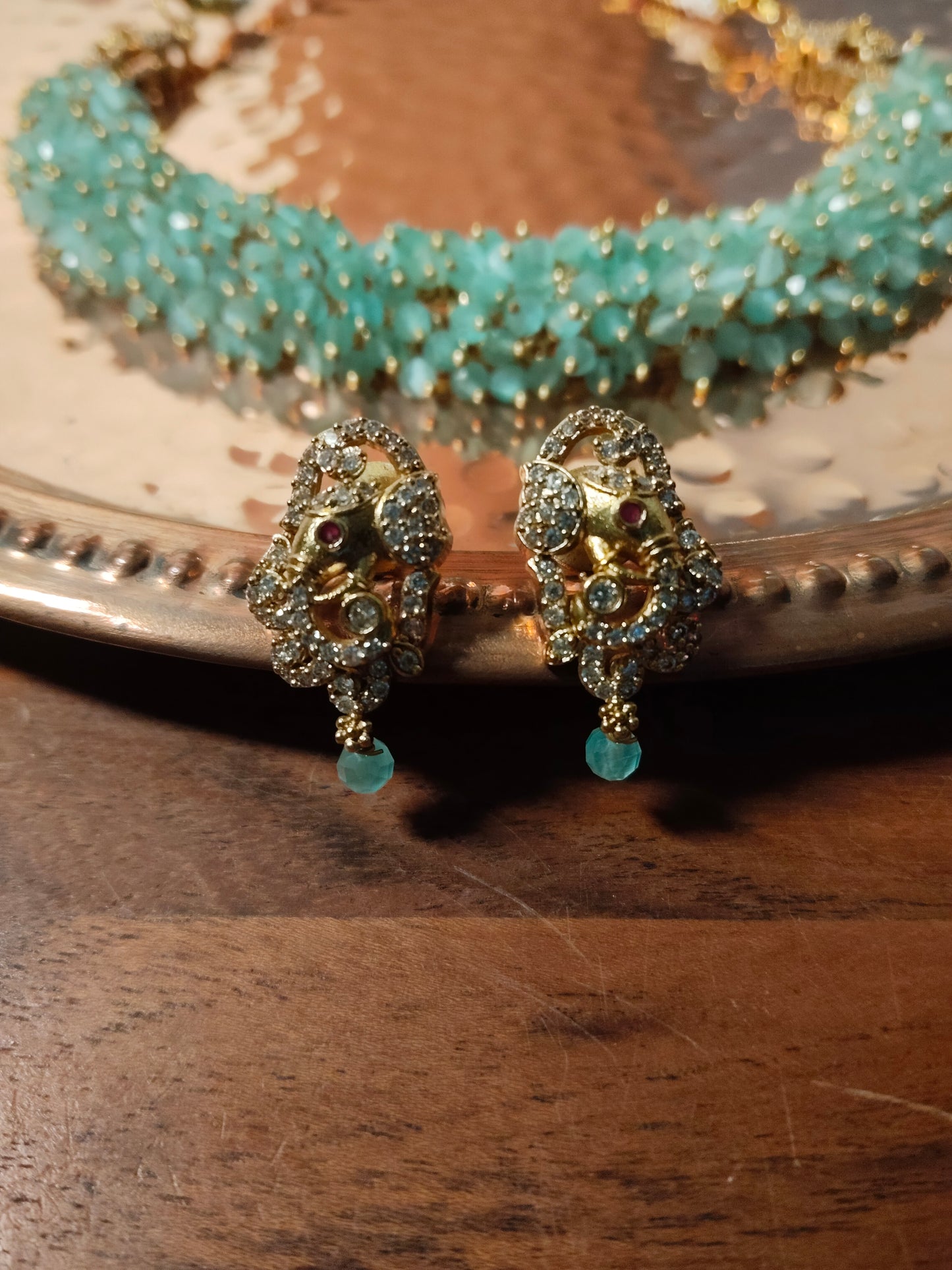 Sea Green Cubic Zirconia Cluster Lord Ganesha Matte Finish Necklace Set
