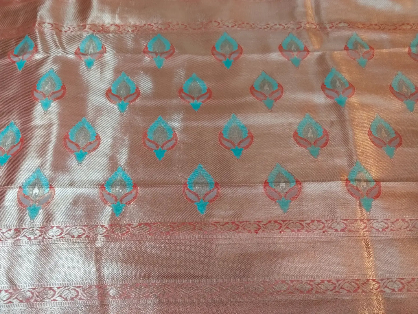 Pallu of Peach Handwoven Semi Katan Silk Saree with Meena & Zari Design