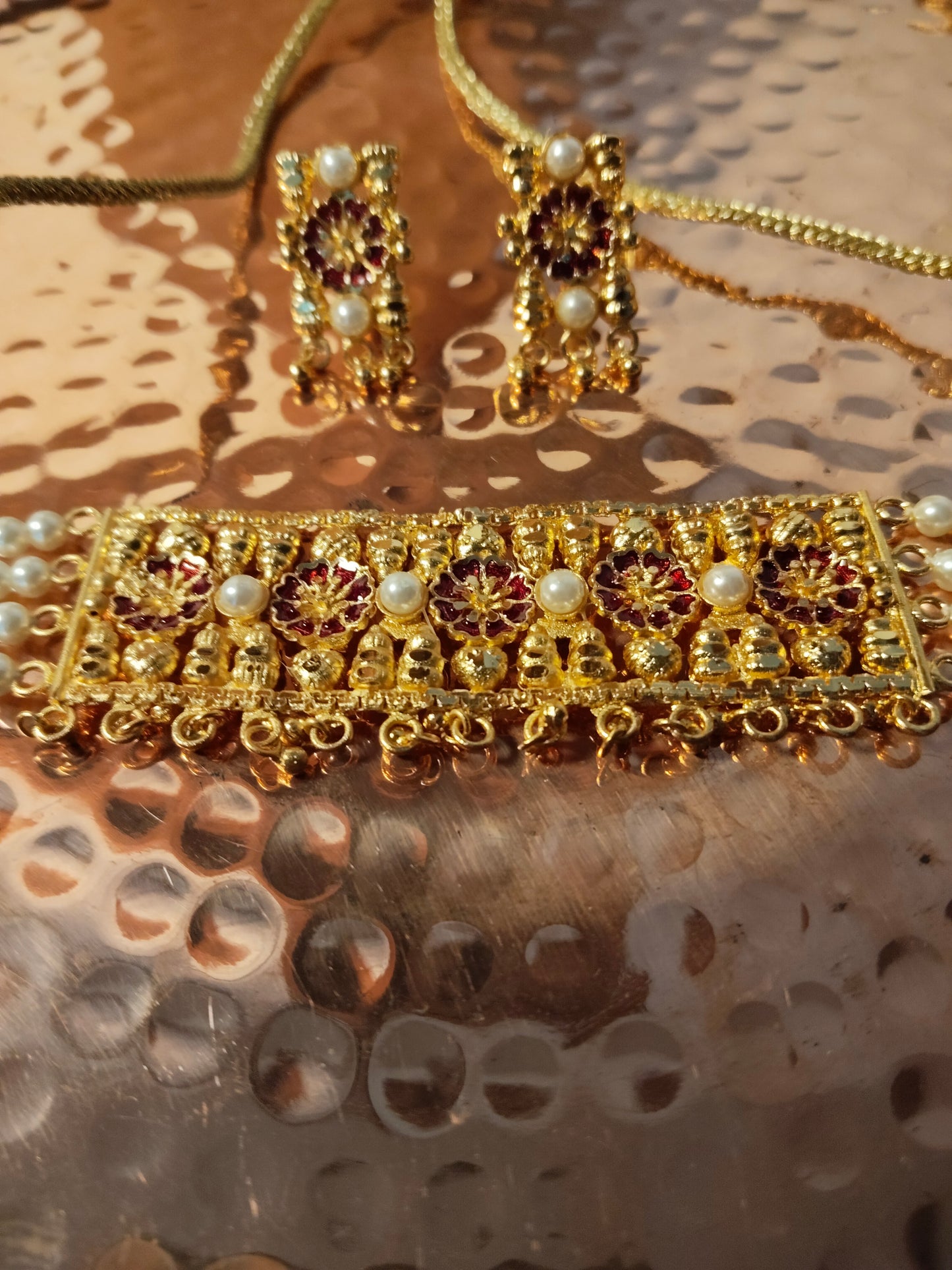 Pearl Beaded Gold Rectangular Design Choker Necklace Set